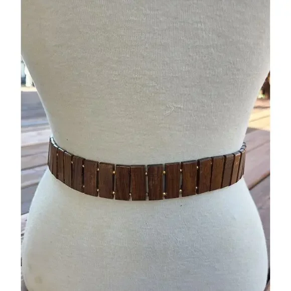 Wooden Link Belt Boho Minimalist Coastal Resort Waist Belt Gold Beaded One Size - Picture 5 of 7